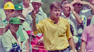 Nick Faldo and caddie Fanny Sunesson are pictured at the 1992 Masters.